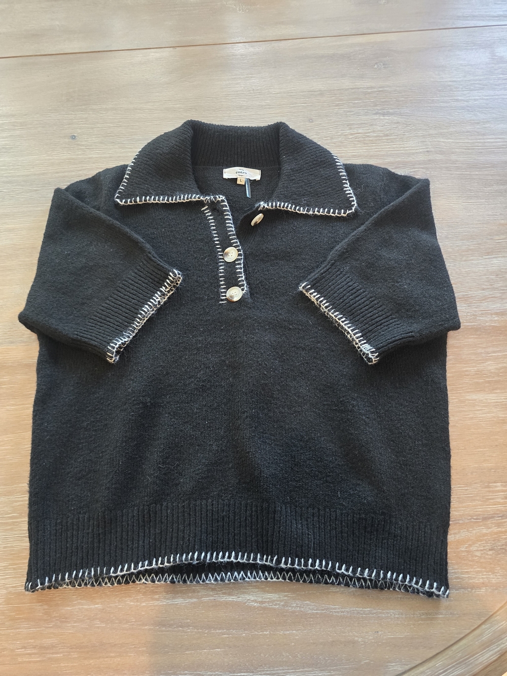 entro Black V-Neck Polo Sweater with White Contrast Stitching